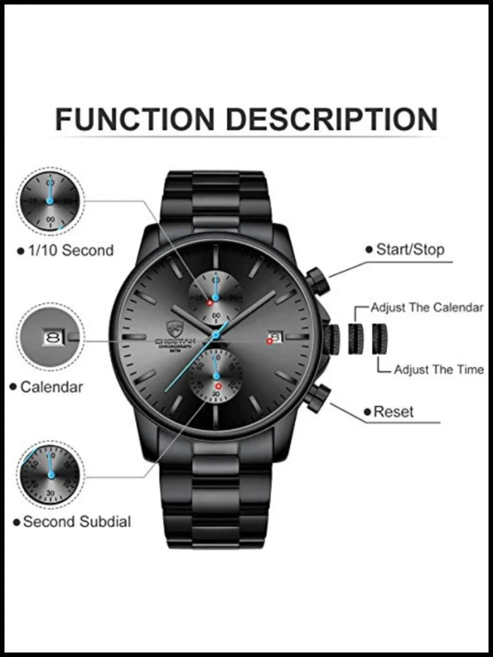 Mens Stainless Steel Chronograph Quartz Watch Waterproof Auto Date